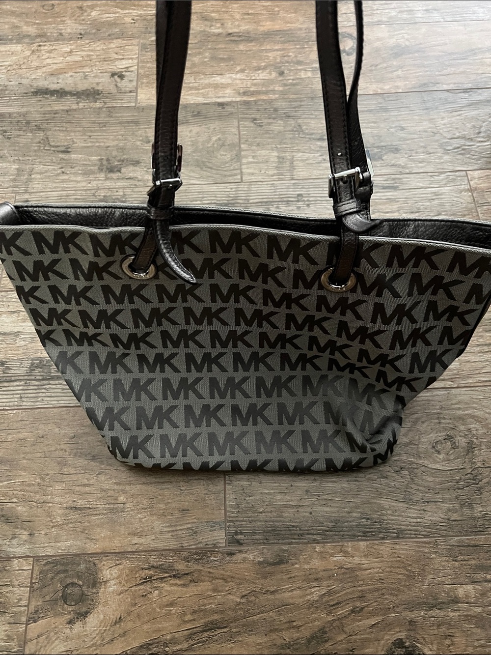 Michael Kors Gray MK Signature Logo Tote with Dark Brown Leather Straps